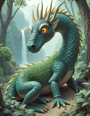 The primary subject of the image is a large, colorful dragon. The dragon is sitting on a rock, surrounded by a forest. The visual style of the image is a digital art or illustration, with the dragon being the main focus of the scene. The colors and mood of the image are vibrant and lively, with the dragon being the center of attention.